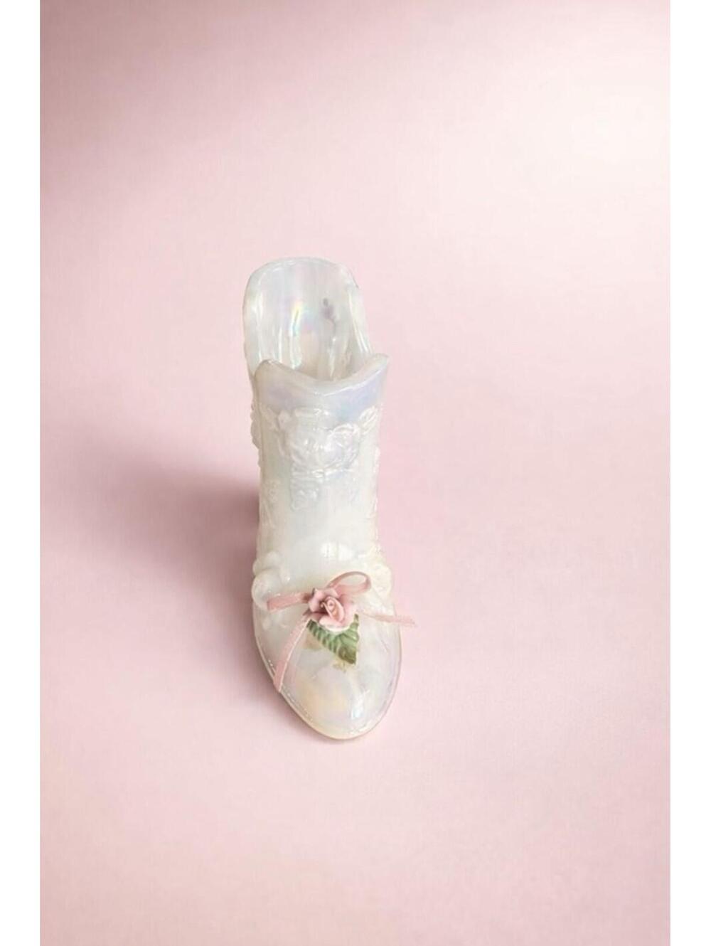 Vintage Fenton Iridescent Milk Glass Slipper Shoe Raised Roses Pink Bow